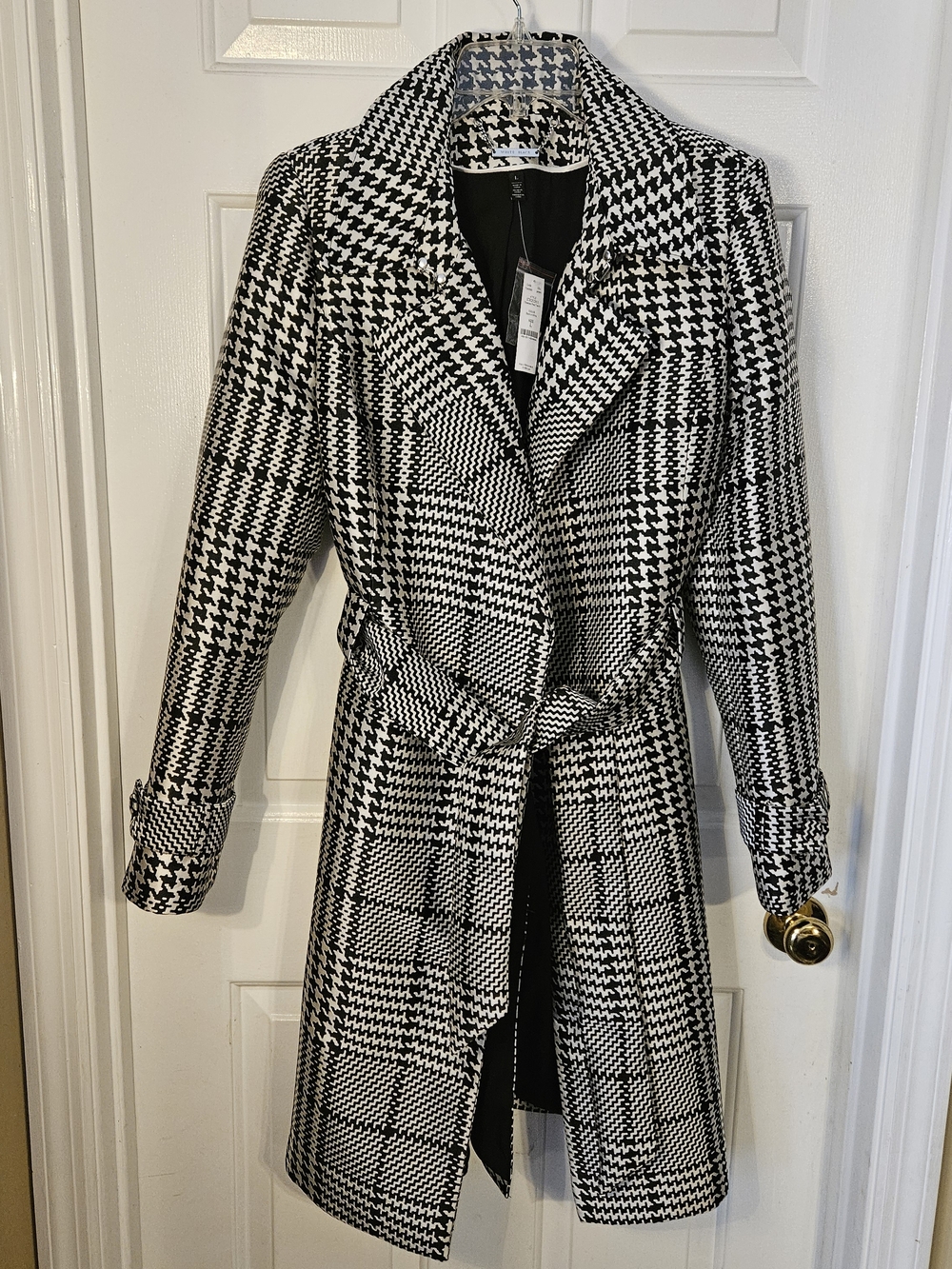 White House Black Market Black and White Houndstooth Trench Coat and Skirt